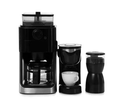 Different coffee machine isolated on white background Stock Photos