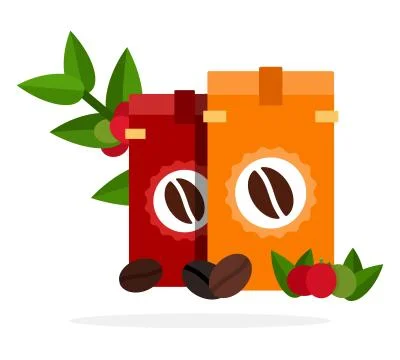 Different coffee roasting in packaging and coffee branch vector flat isolated Stock-Illustration