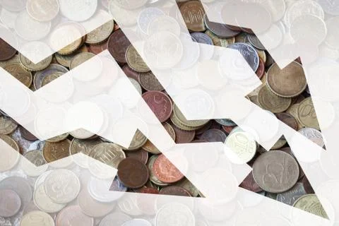 Different coins background with negative trends arrows Stock Photos