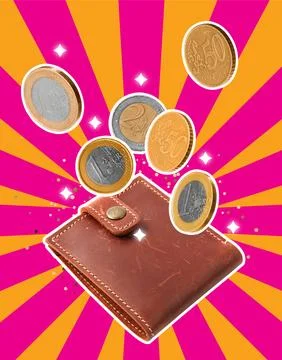 Different coins falling over wallet on pink and orange striped background Ilustração Stock