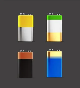 Different color 9v batteries set. 3d vector clipart Stock-Illustration