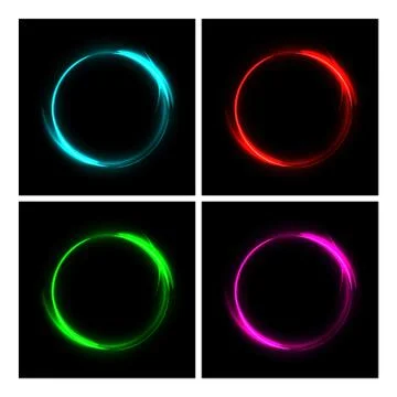Different color fire circles on black background. Fire ring glowing trace set Illustrazione stock