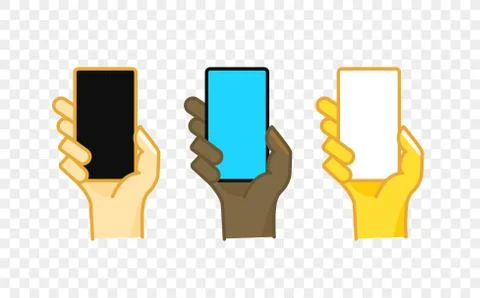 Different color hand gesture comic style vector icon. Smartphone in a hand 스톡 일러스트