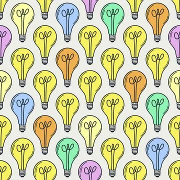 Different color lightbulb seamless pattern doodle style Illustrazione stock