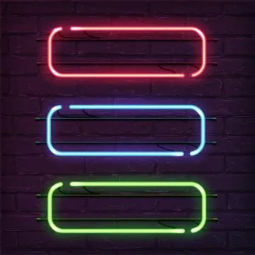 Different color neon frames. Vector realistic neon rectangles on brick wall. Stock Illustration