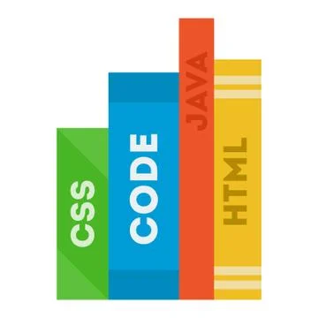 Different color programming books with text CSS, CODE, JAVA, HTML flat icon Stock Illustration