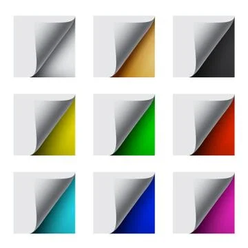 Different color sheet curl corners on grey background. Vector design element set Illustrazione stock