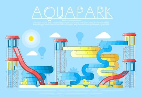 Different colored bright waterslides and garrets in aquapark. Layout modern Stock Illustration