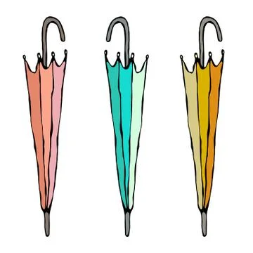 Different Colored Closed Umbrella. Isolated On a White Background Doodle Cartoon Stock Illustration