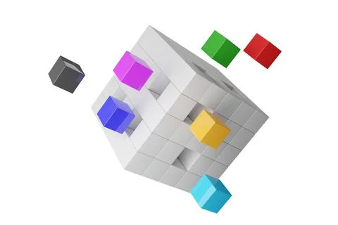 Different colored cubes floating out of box of cubes isolated on white backgr 스톡 일러스트