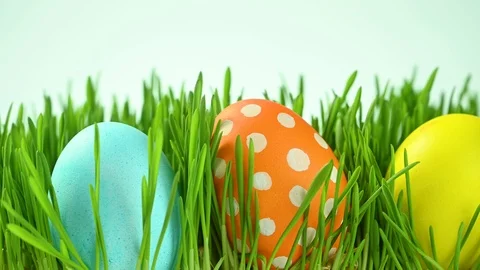 Different colored easter eggs lie in a grass Stock Footage 124471542