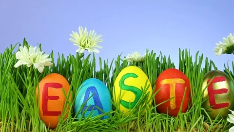 Different colored easter eggs lie in a grass Stock Footage 124471638