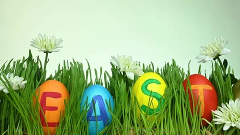 Different colored easter eggs lie in a grass Stock Footage 124471713