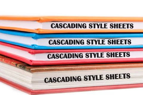 Different colored folders labeled cascading style sheets stacked neatly, repr Foto stock