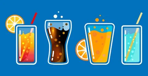Different colored glasses with soda drinks with bubbles and tubes. Cocktail bar Stock Illustration