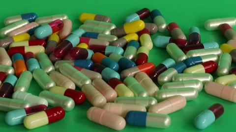 Different colored pills on a green screen Stock Footage 252485093