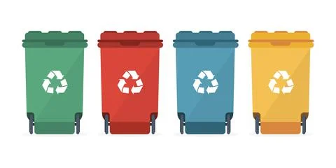Different colored recycle waste bins vector illustration, Waste types segrega Illustrazione stock