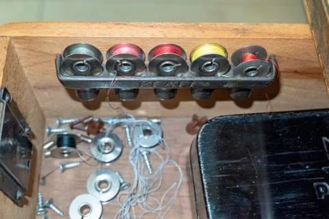 Different colored sewing thread in a drawer Stock Photos