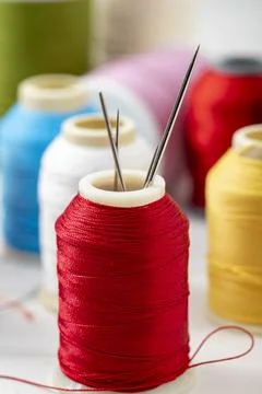 Different colored yarn on white background. Close up. Selective Focus Stock Photos