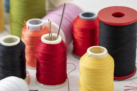 Different colored yarn on white background. Close up. Selective Focus Stock Photos