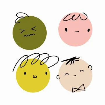 Different colorful characters. Round abstract comic faces with various Emotions Stock Illustration