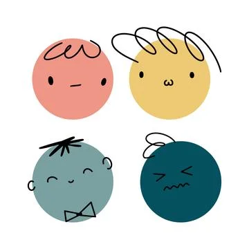 Different colorful characters. Round abstract comic faces with various Emotions. Stock Illustration