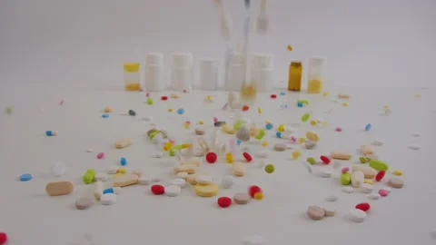 Different colorful pills falling on table with tablets cans, drug and pharmacy Video stock 151973884
