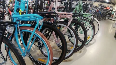 Different colors of bicycles in the store Video stock 194493291