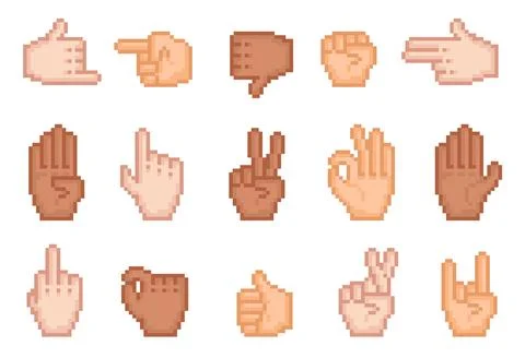 Different colors pixel hands. Retro video games sprites, gesture symbols, 8 bit Stock Illustration