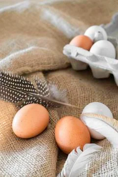 Different coloured eggs with feathers lying on a jute bag Foto stock