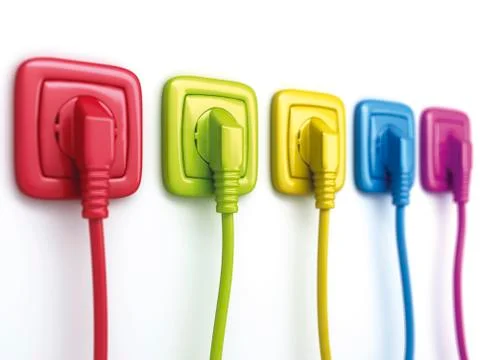 Different coloured sockets or power points with plugs Illustrazione stock