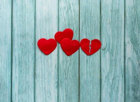 Different combination of red hearts: single, double and broken heart  Stock Photos