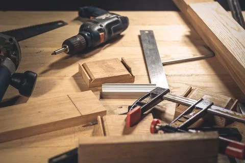 Different construction tools with Hand tools for home renovation on wooden bo Stock Photos