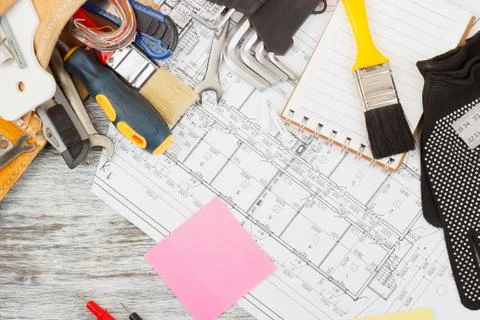 Different construction tools, wooden background 库存照片