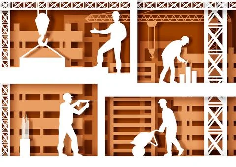 Different construction workers silhouettes, vector illustration in paper art Stock Illustration