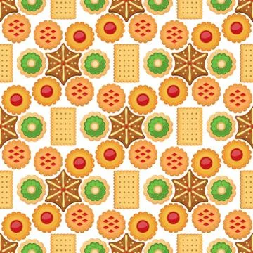 Different cookie cakes seamless pattern background sweet food tasty snack Stock Illustration