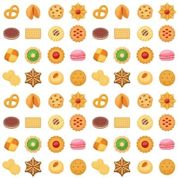 Different cookie cakes seamless pattern background sweet food tasty snack Stock Illustration