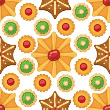 Different cookie cakes seamless pattern background sweet food tasty snack Illustrazione stock