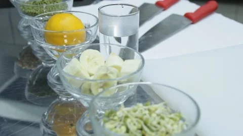 Different cooking ingredients in glasses - preparing for cooking 스톡 동영상 48396102