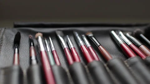 Different cosmetic brushes for makeup close up Stock Footage 142514815
