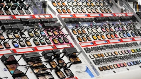 Different cosmetics in modern shop, make up supermarket in shopping mall Video stock 122930101