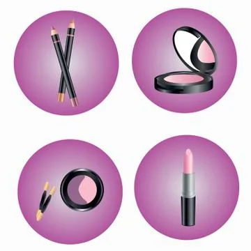 Different cosmetics in round icons. Shadows, powder, pencil, lipstick Stock Illustration