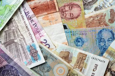 Different countries money background close up. Belarusian rubles, Georgian la Stock Photos