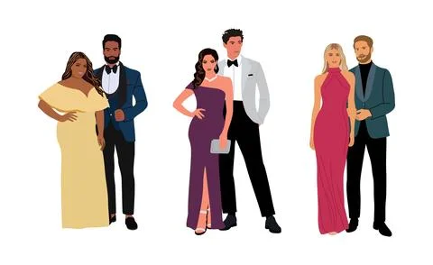 Different couples in evening formal outfit vector. Stock Illustration