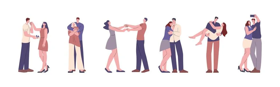 Different couples in love. Isolated man woman kissing and cuddling, hugging Stock Illustration