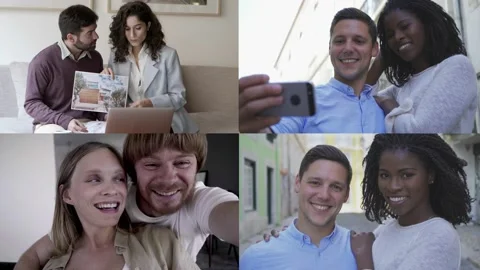 Different couples using gadgets for conference call Video stock 130950553
