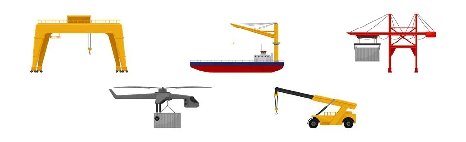 Different Crane as Construction Machine with Hoist Rope for Lifting Heavy Object Stock Illustration