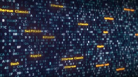 Different cryptocurrency names captions appearing among changing hexadecimal イラスト素材