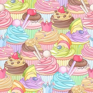 Different cupcakes dense seamless pattern. Vector illustration. Stock Illustration