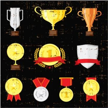 Different cups set on black background. Golden, silver and bronze trophies. Stock Illustration